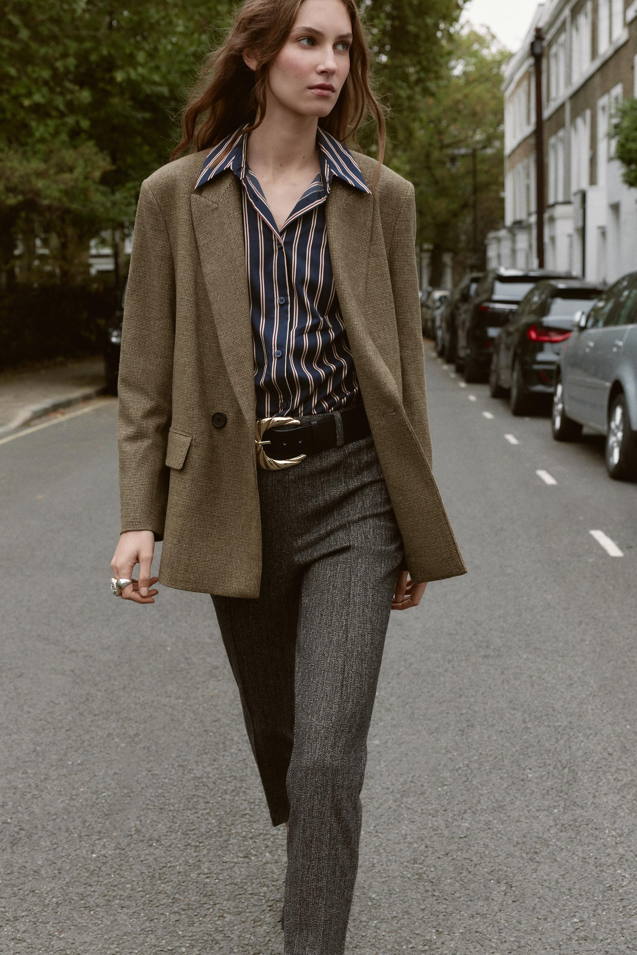 HERRINGBONE BELTED PANTS